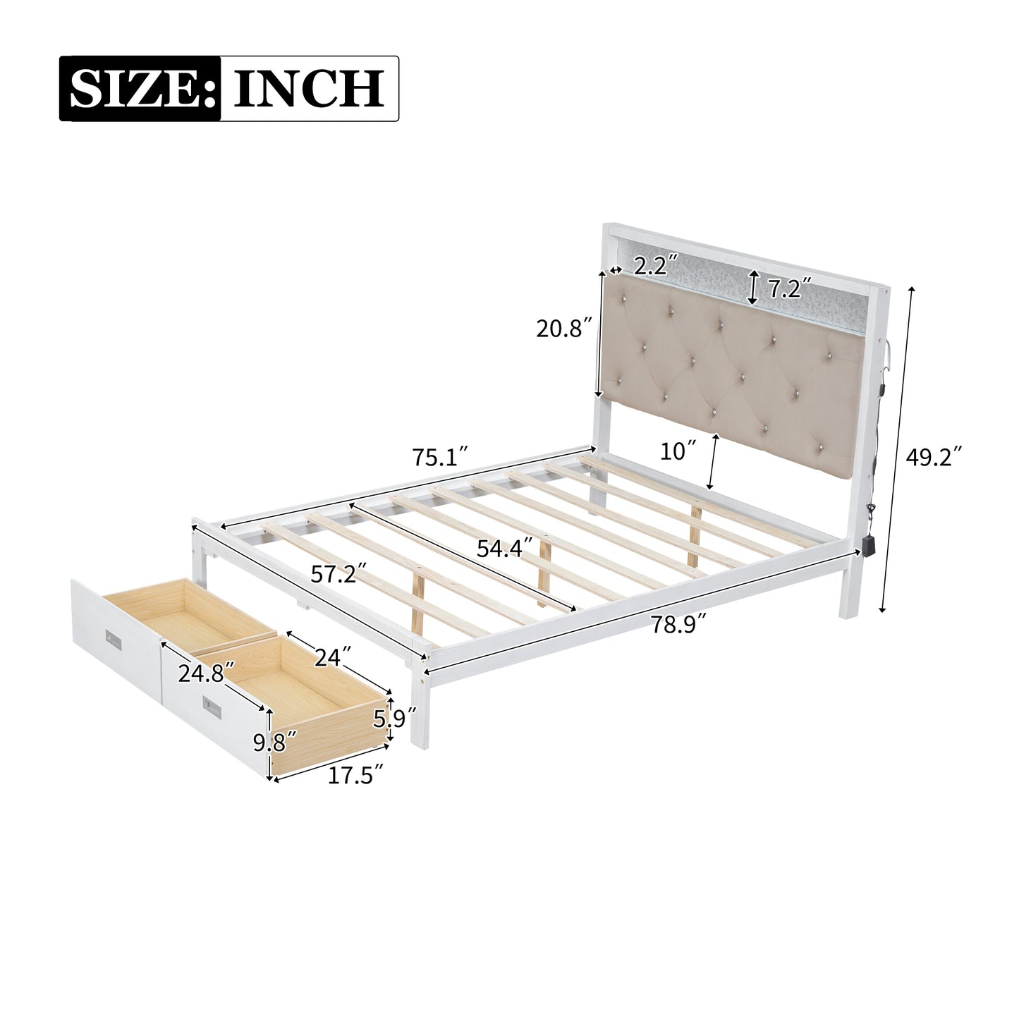 Lit plateforme double en bois avec tête de lit rembourrée, LED et 2 tiroirs, blanc antique