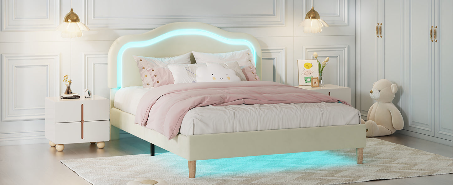 Full Size Velvet Upholstered Smart LED Bed Frame with Adjustable Height Headboard,No Box Spring Needed,Easy Assembly,Beige