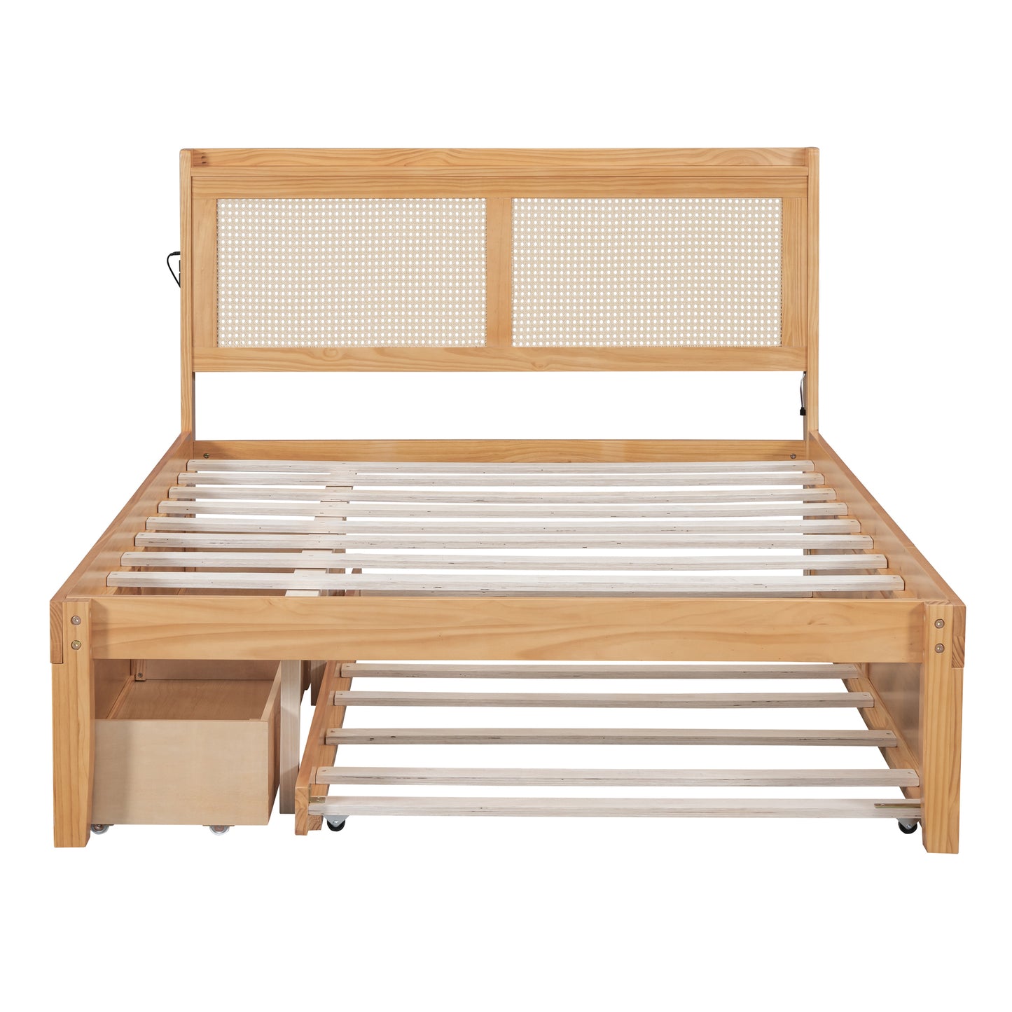 Full Size Elegant Bed Frame with Rattan Headboard and Sockets ,Natural