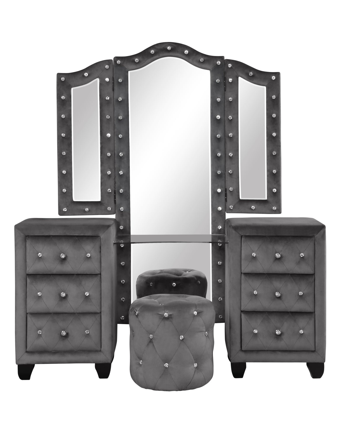 Queen 4 Pc Vanity Bedroom Set Made With Wood In Gray Color