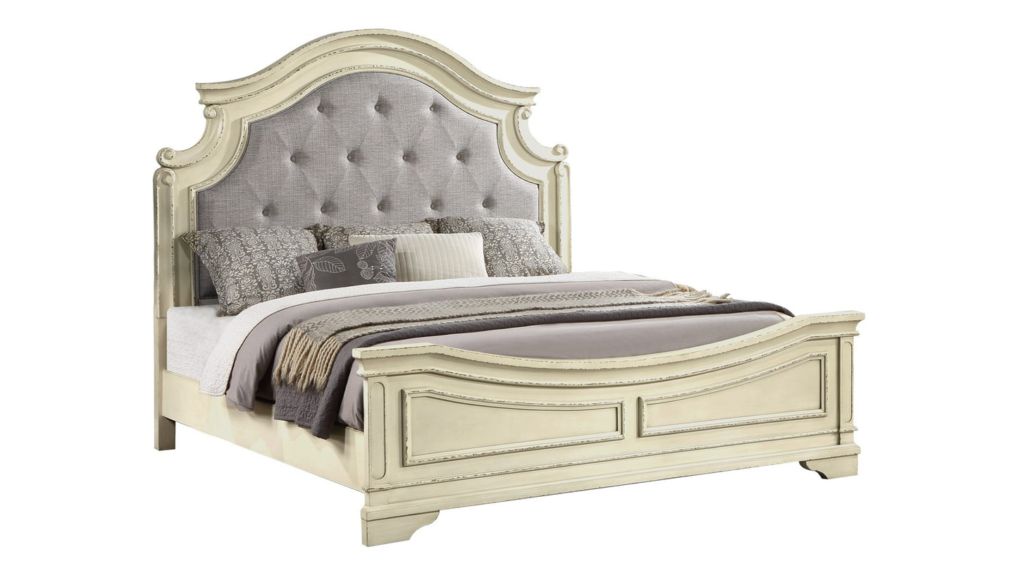 Ensemble de chambre à coucher Queen de style traditionnel 5 pièces avec tête de lit capitonnée à boutons en bois beige antique