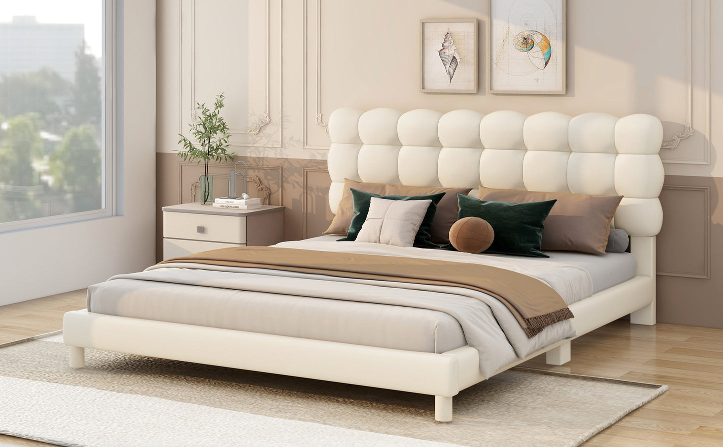 Full Size Upholstered Platform Bed with Soft Headboard,Beige