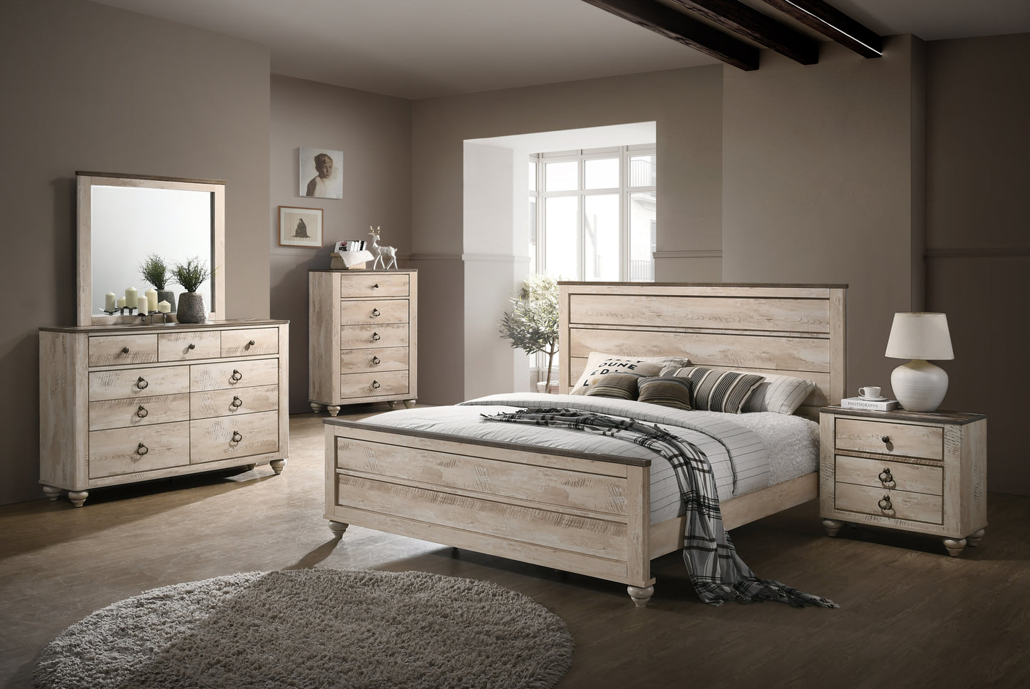 Imerland Contemporary White Wash Finish Bedroom Set, King Bed, Dresser, Mirror, Nightstand and Chest