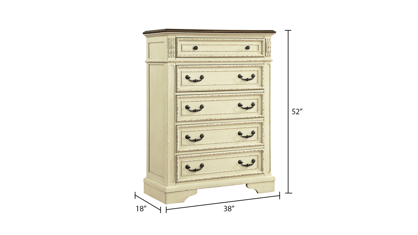 Ensemble de chambre à coucher Queen de style traditionnel 5 pièces avec tête de lit capitonnée à boutons en bois beige antique