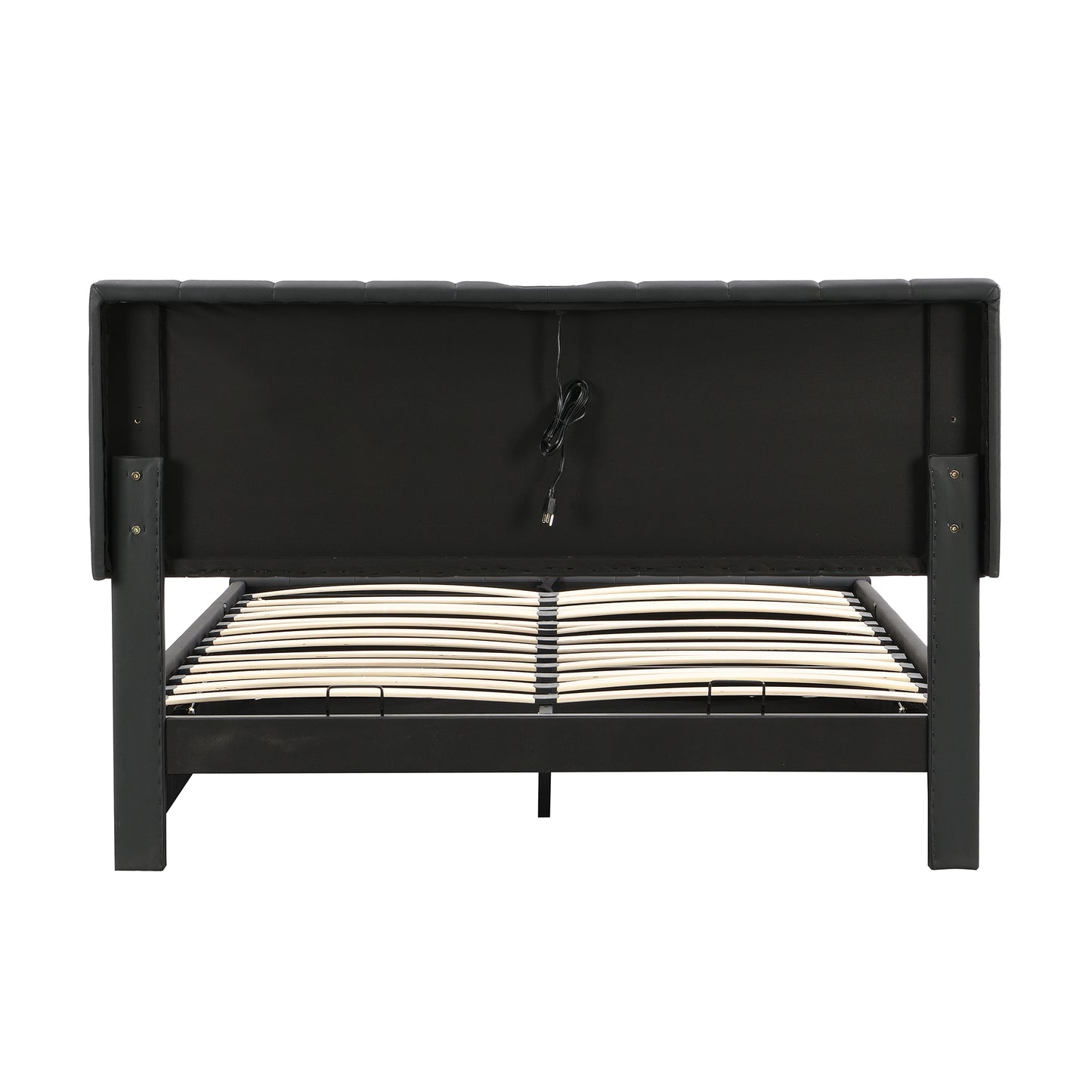 Queen Size Upholstered Bed with Hydraulic Storage System and LED Light, Modern Platform Bed with Sockets and USB Ports, Black