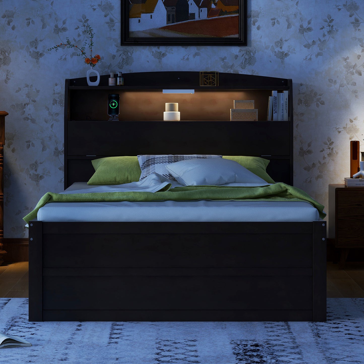 Full Size Wooden LED Platform Bed with Trundle, with Storage Headboard, with Drawers, Brown