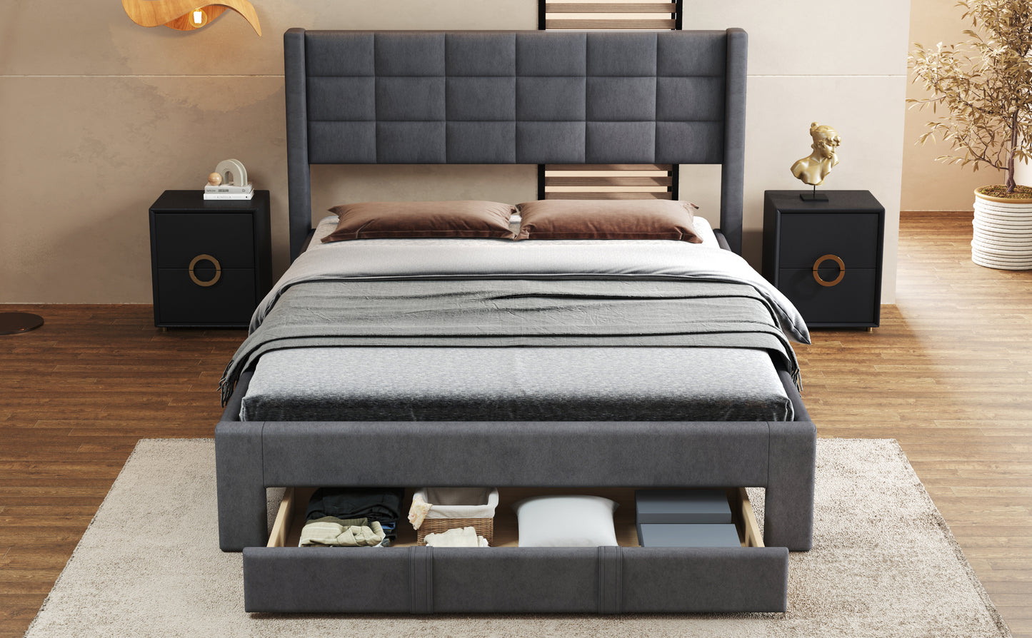 Queen Size Upholstered Platform Bed with A Big Drawer, Gray