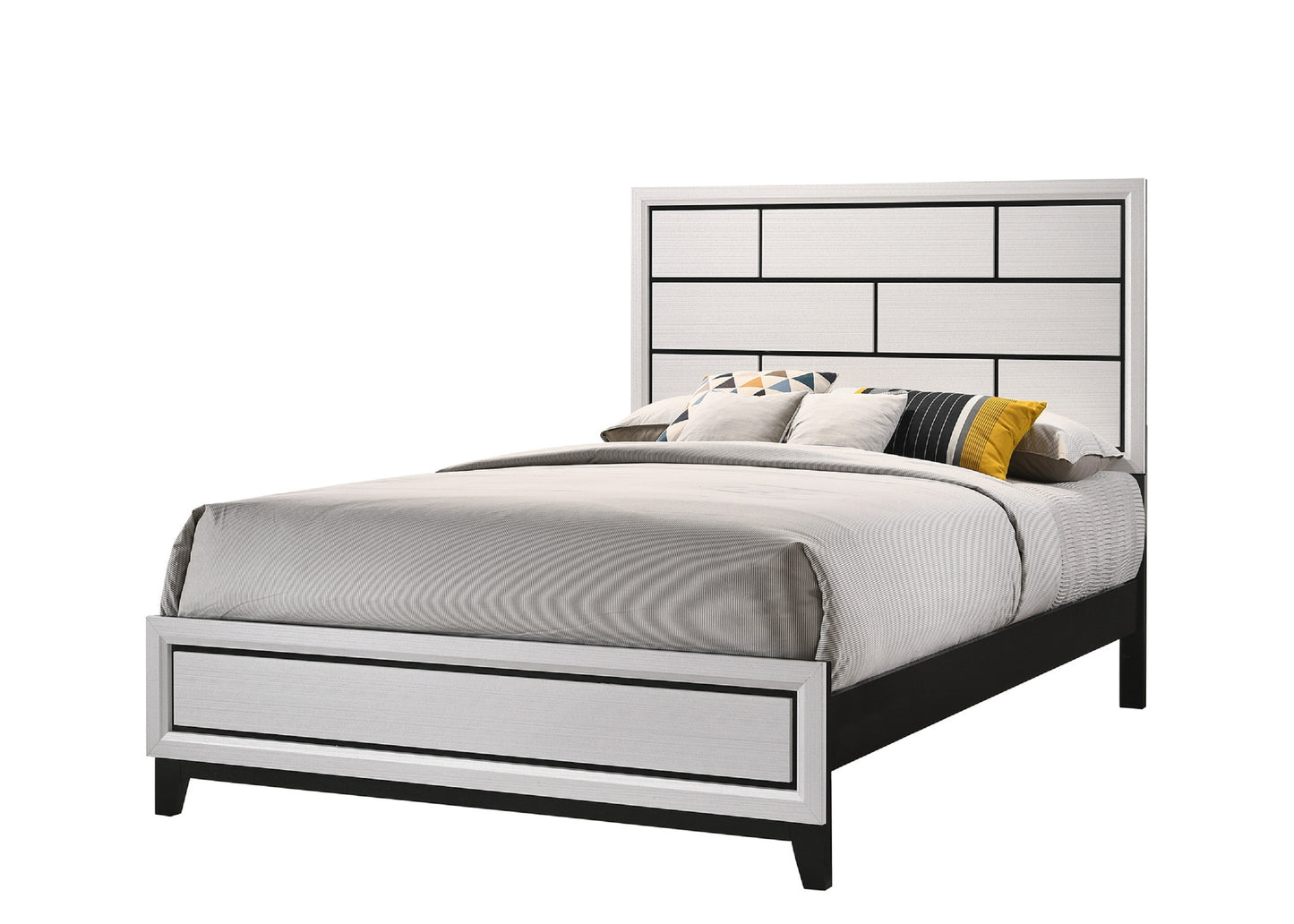 Cotemporary White Finish Full Size Panel Low-profile Bed Geometric Design Wooden Bedroom Furniture