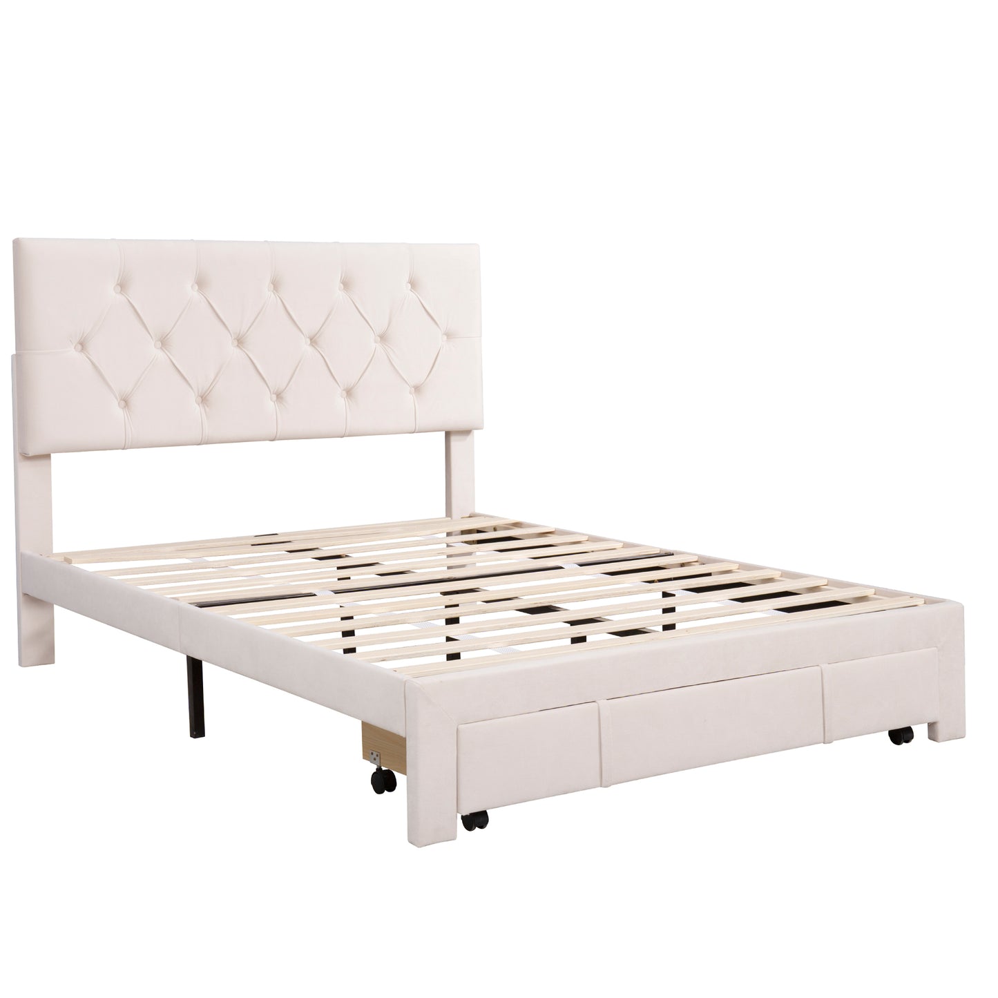 Full Size Storage Bed Velvet Upholstered Platform Bed with a Big Drawer - Beige