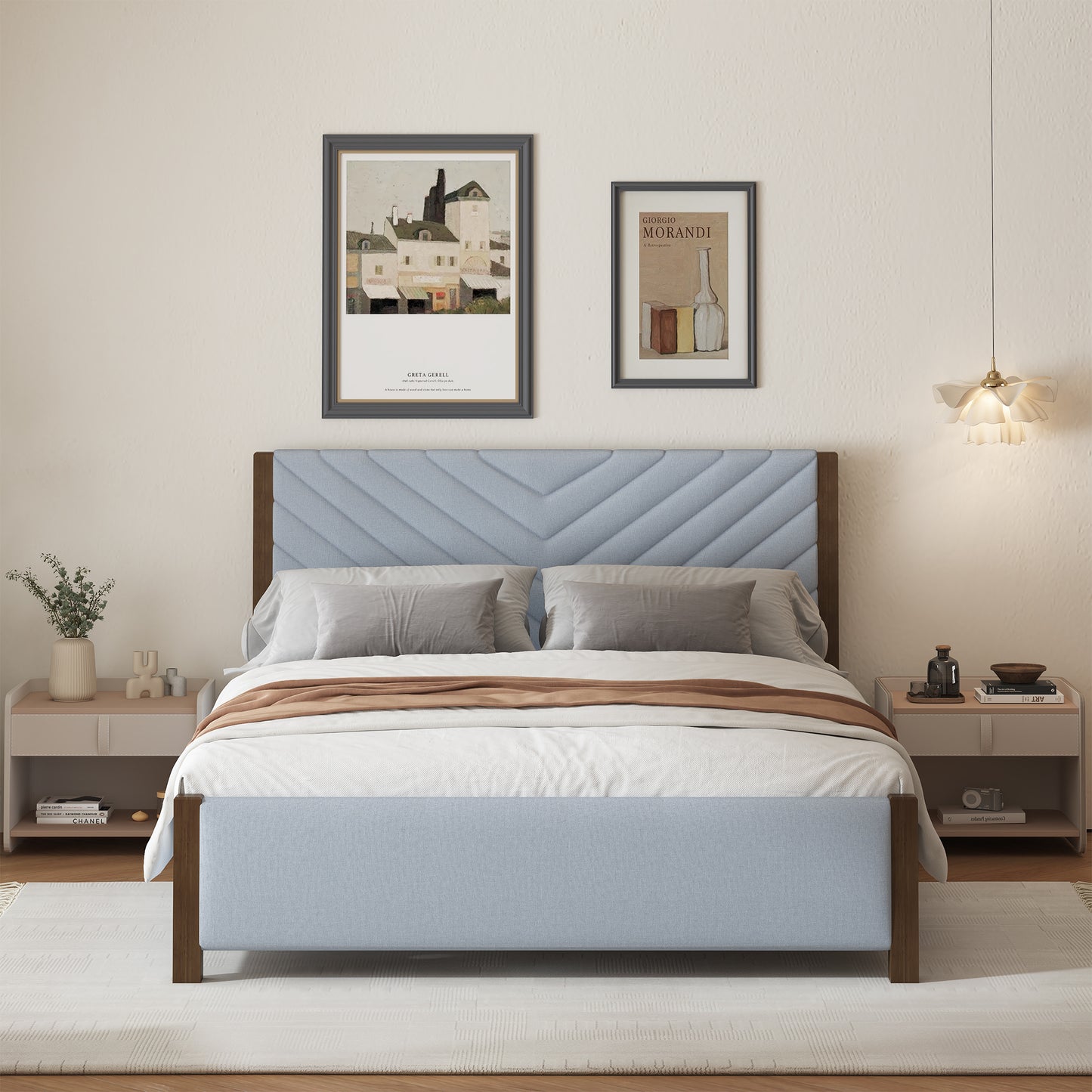 Modern Mid-Century Queen Upholstered Platform Bed Frame with Tufted Headboard and Solid Wood Legs,No Box Spring Needed,Gray