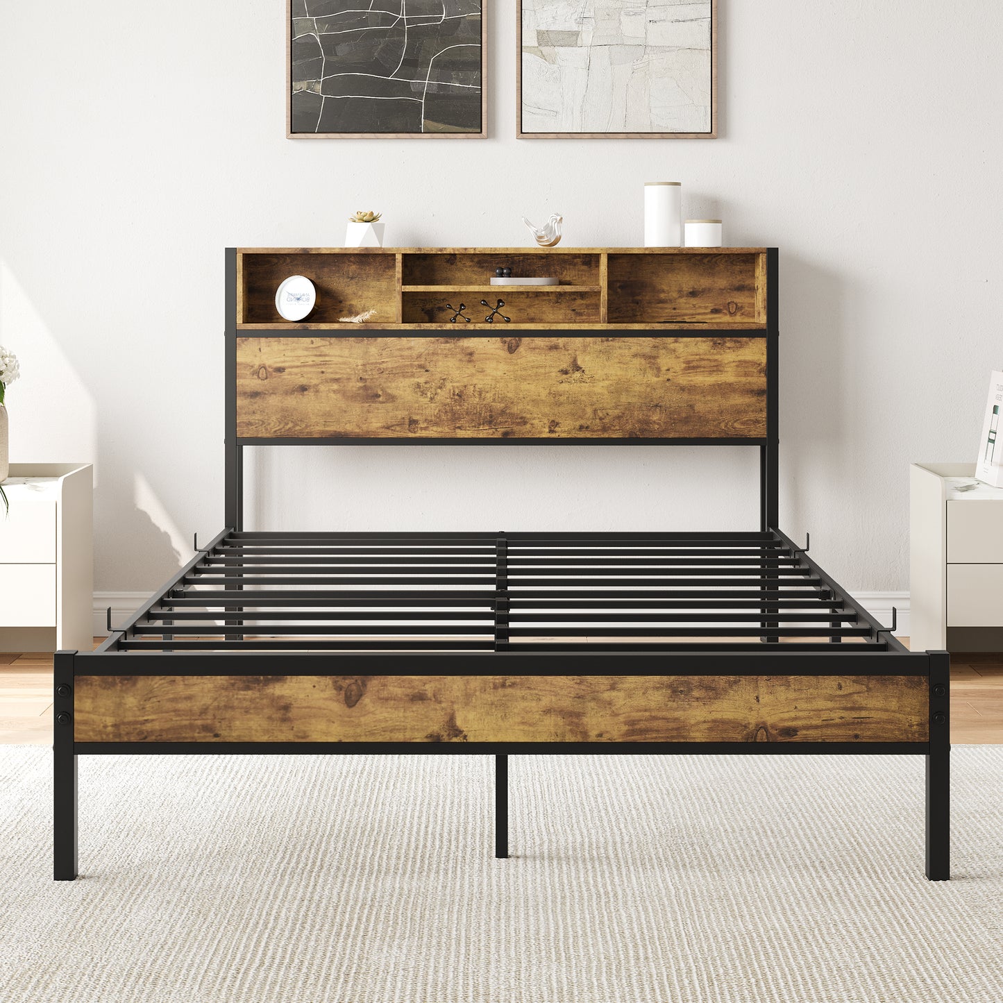 Full Size Bed Frame with Storage Headboard, Metal Platform Bed with Charging Station,  Bookcase Storage, No Box Spring Needed, Easy Assembly, Noise-Free, Black