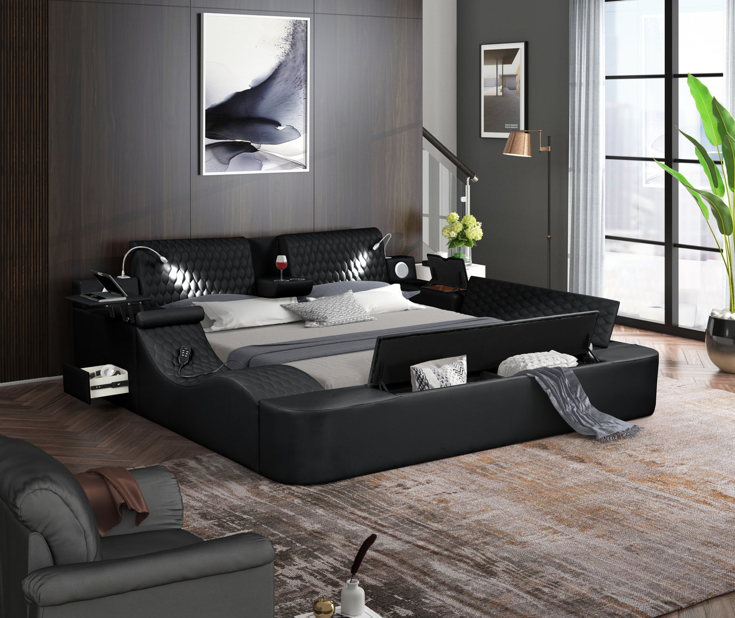 Smart Multifunctional King Size Bed Made with Wood in Black