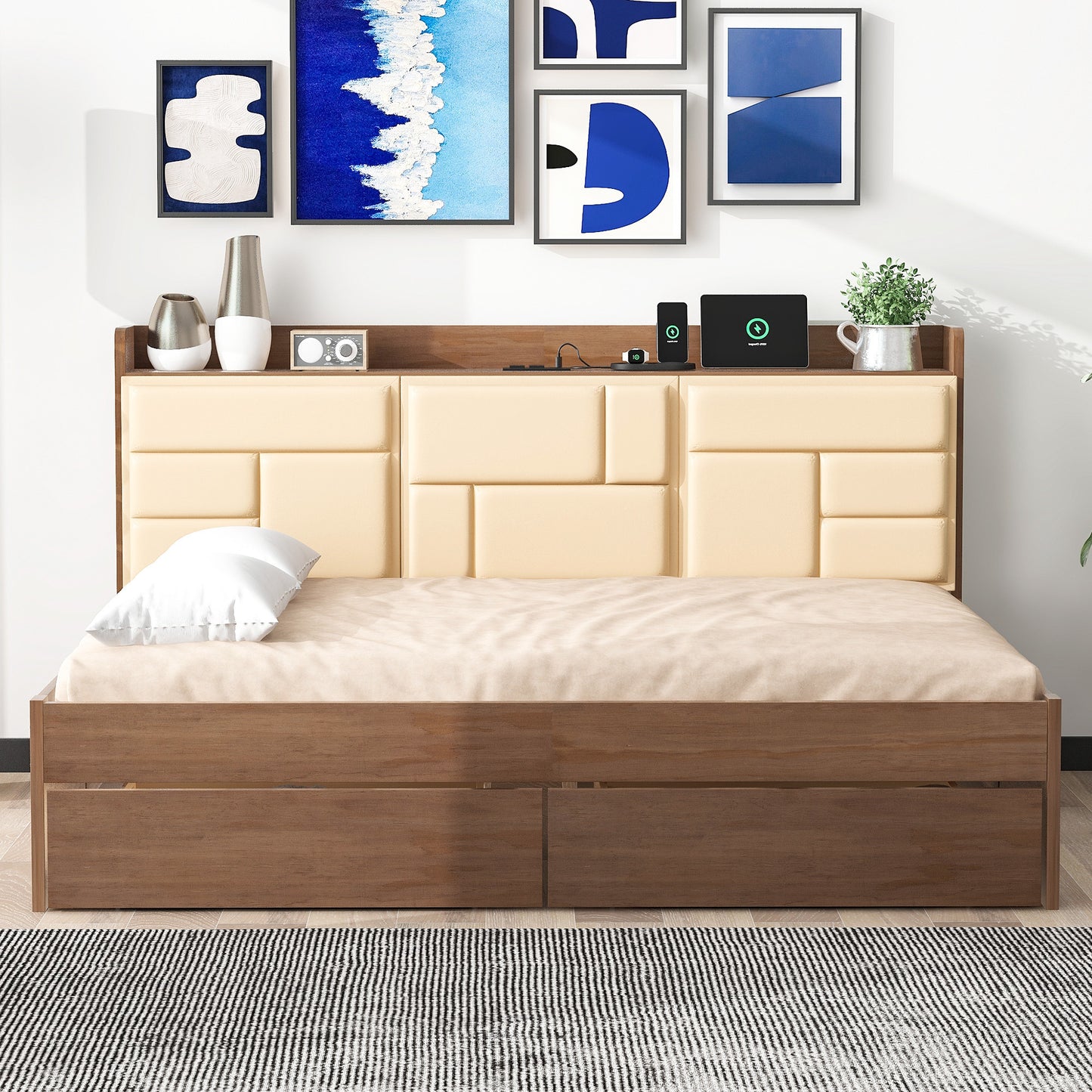 Full Size Wood Daybed with Upholstered Storage Shelves, USB Ports and 2 Drawers, Wood Color