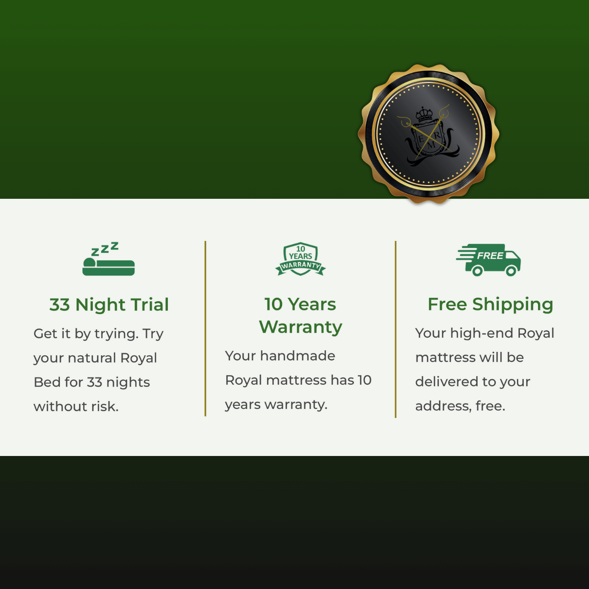 "Natural handmade Royal Mattress with 33-night trial, 10-year warranty, and free shipping offer"