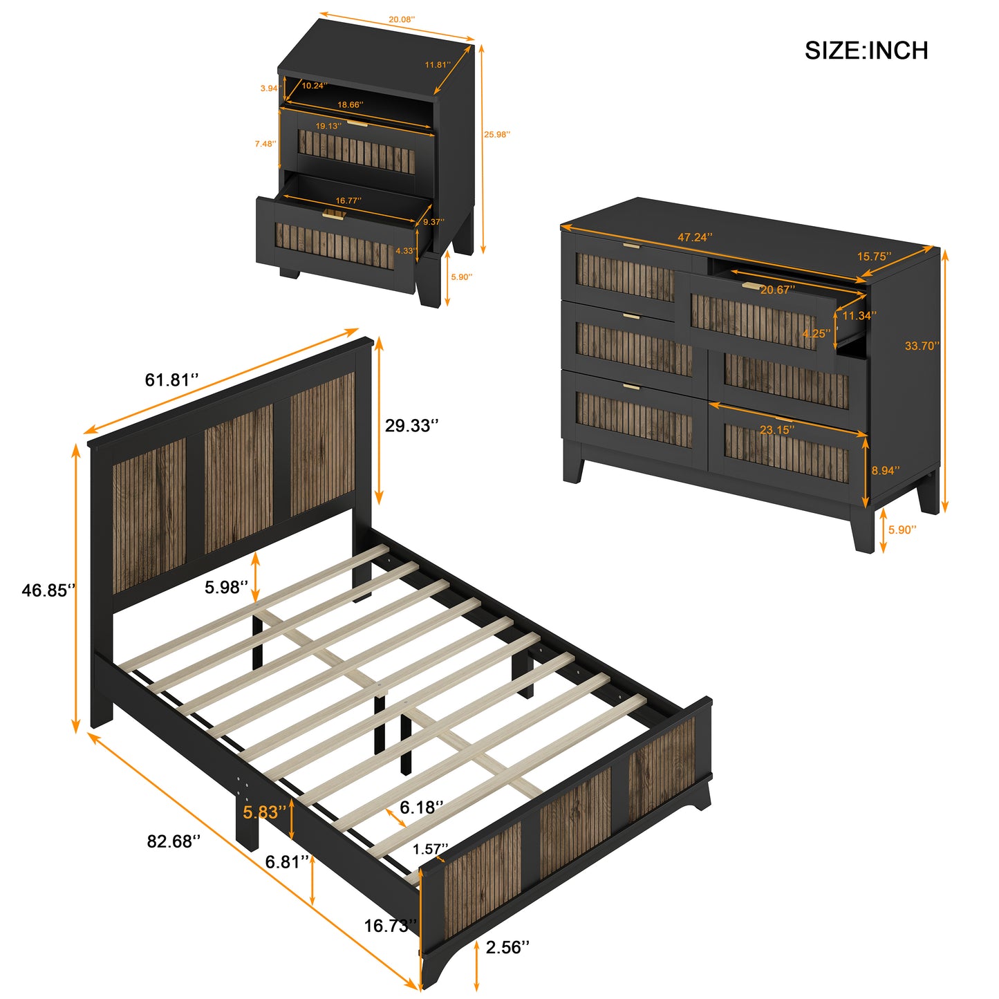 4-Pieces Bedroom Sets, Queen Size Farmhouse Platform Bed with Wooden Strip Decoration, Storage Nightstand and Dresser with Metal Handle, Black