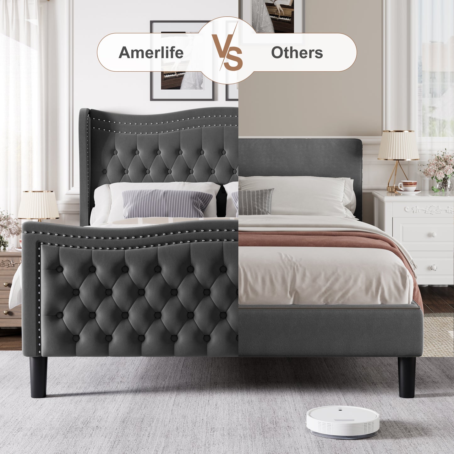 LIFT UP VELVET GRAY  QUEEN SIZE BED