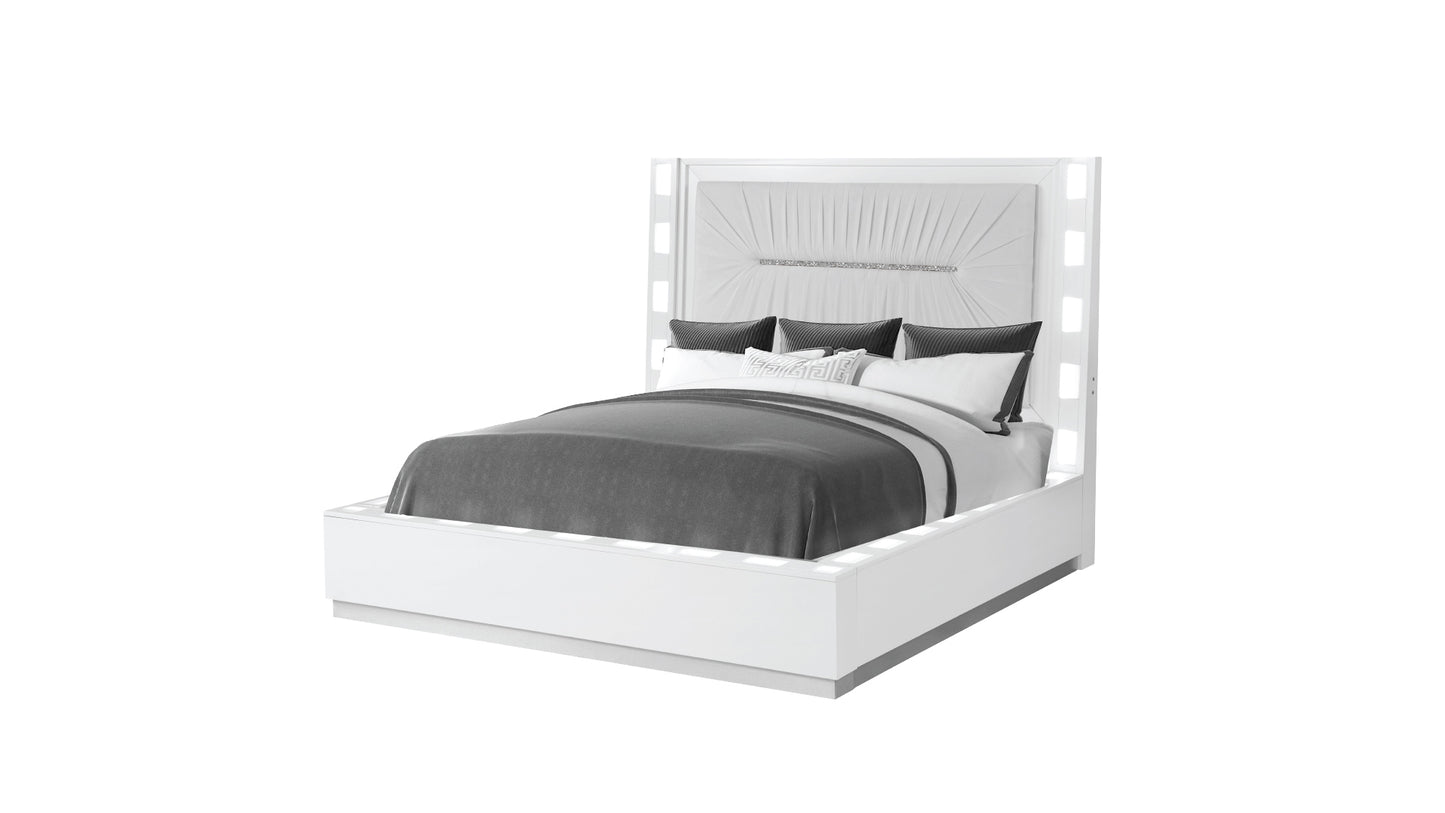 LED Queen Size Bed Made with Wood in Milky White Color