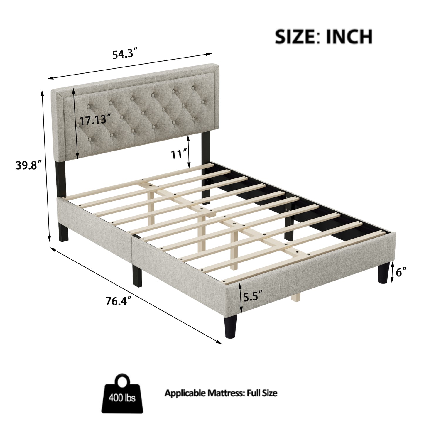 Full size Panel Bed Frame with Adjustable Button-Tufted Headboard for Bedroom/Linen Upholstered/Wood Slat Support/Easy Assembly,Linen Beige