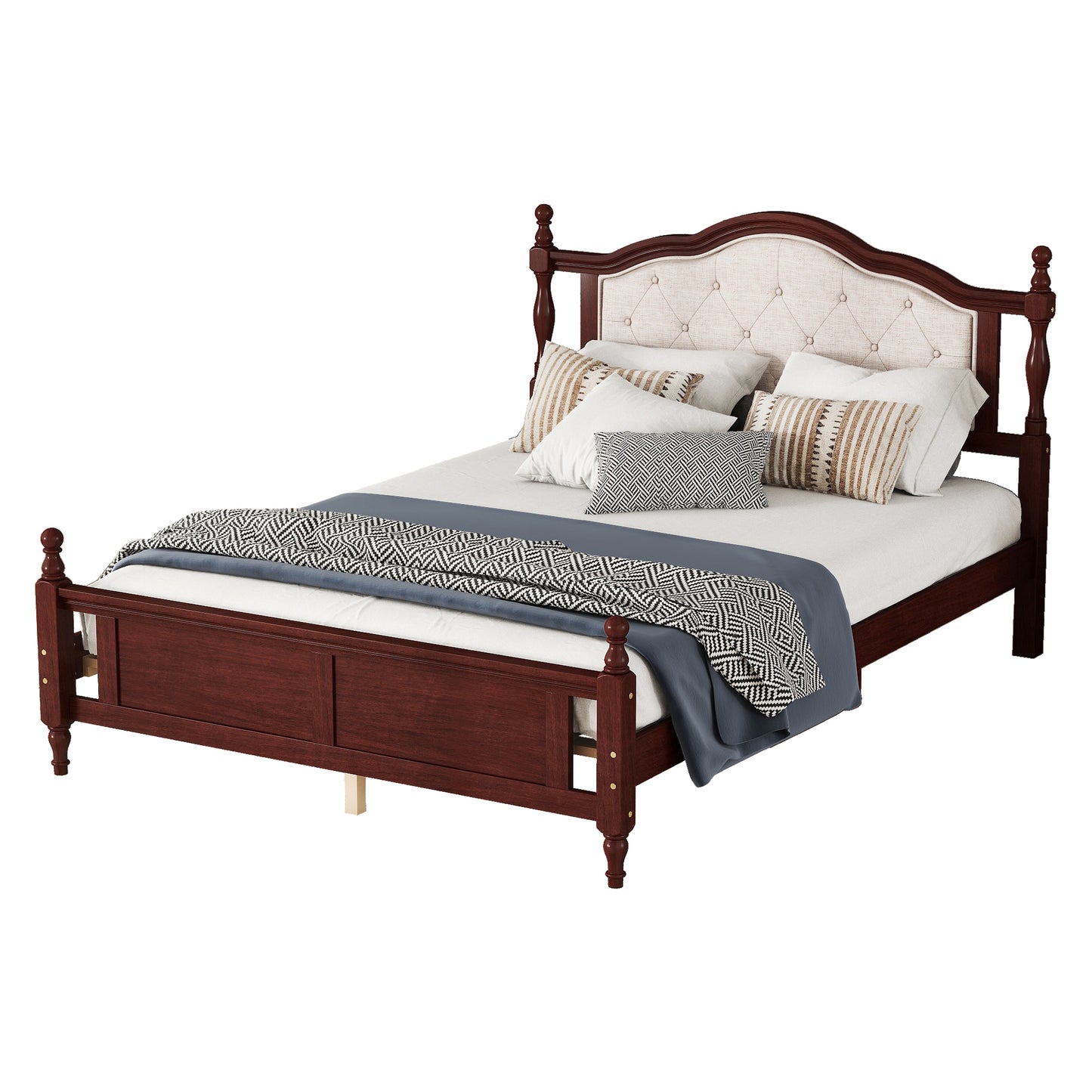 Queen Pine wooden Bed with Upholstered Headboard  and Panel Footboard, with  Two Bed Rail Support Feet and Central Platform Support Feet ,Classic Cherry