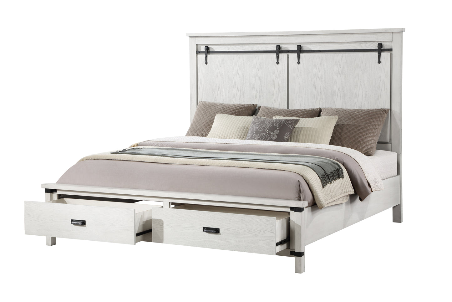 Juego de dormitorio de estilo moderno con cama tamaño king de 4 piezas fabricado con madera en color blanco antiguo