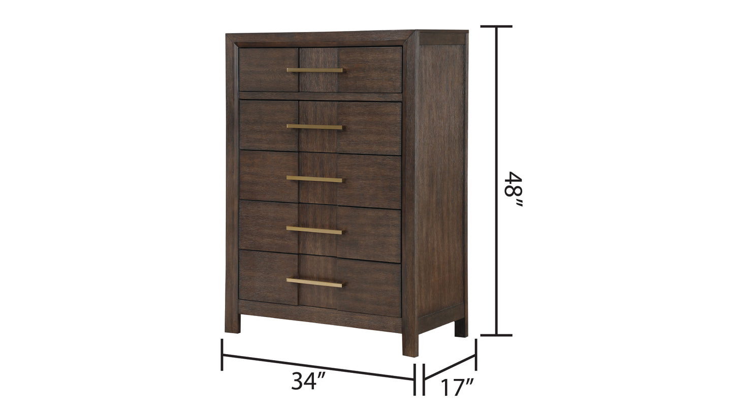 Modern Style King 5PC Storage Bedroom Set Made with Wood, LED Headboard, Bluetooth Speakers & USB Ports - Walnut