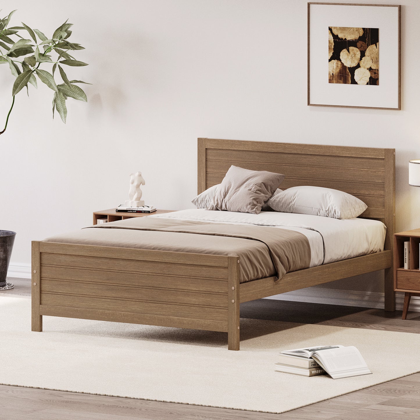 Wood Platform Bed Frame with Headboard, Mattress Foundation with Wood Slat Support, No Box Spring Needed, Full Size, Walnut