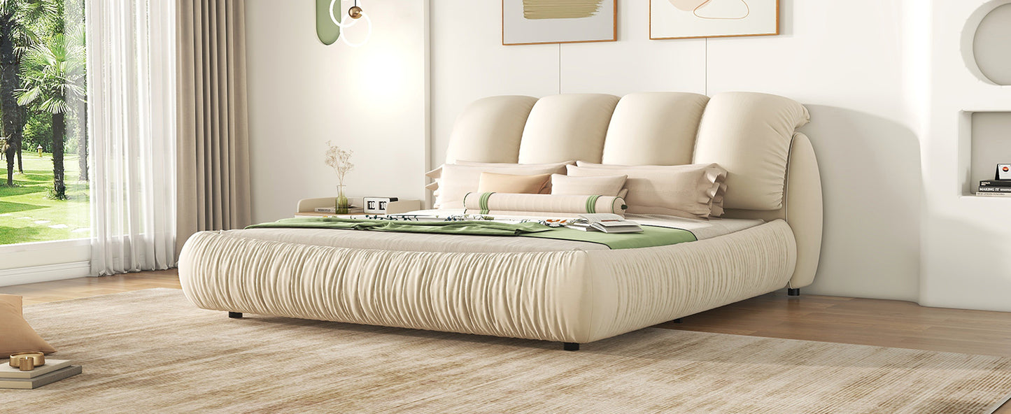 Lit king size rembourré de luxe avec tête de lit épaisse, lit king size en velours avec dossier rembourré surdimensionné, beige (date d'arrivée prévue le 12/03/2024)