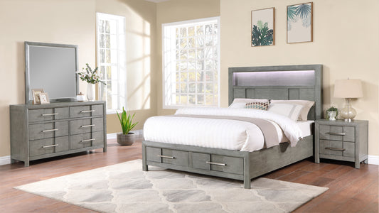 Modern Style Queen 4PC Storage Bedroom Set Made with Wood, LED Headboard, Bluetooth Speakers & USB Ports - Grey