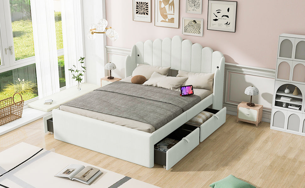 Full Size Upholstered Platform Bed with 4 Drawers and 2 USB, Beige