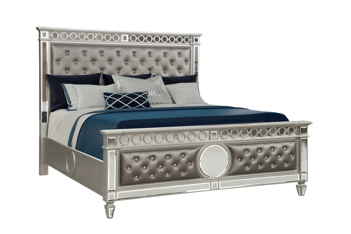 Modern Style Ringed & Mirror Front Crystal Tufted Upholstery King Bed Made with Wood & Diamond shaped legs in Silver