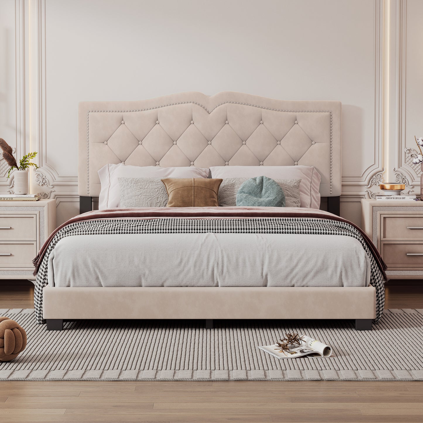 Queen Size Upholstered Bed Frame with Rivet Design, Modern Velvet Platform Bed with Tufted Headboard,Beige