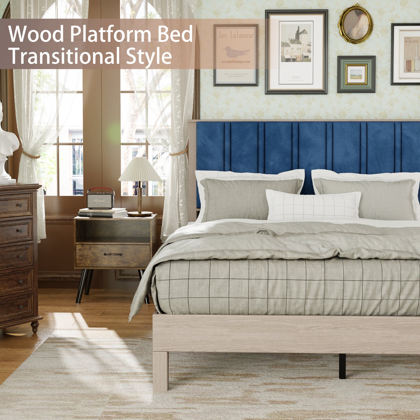 Queen Bed Frame, Wood with Wood Headboard Bed Frame with upholstered headboard /  Wood Foundation with Wood Slat Support / No Box Spring Needed / Easy Assembly