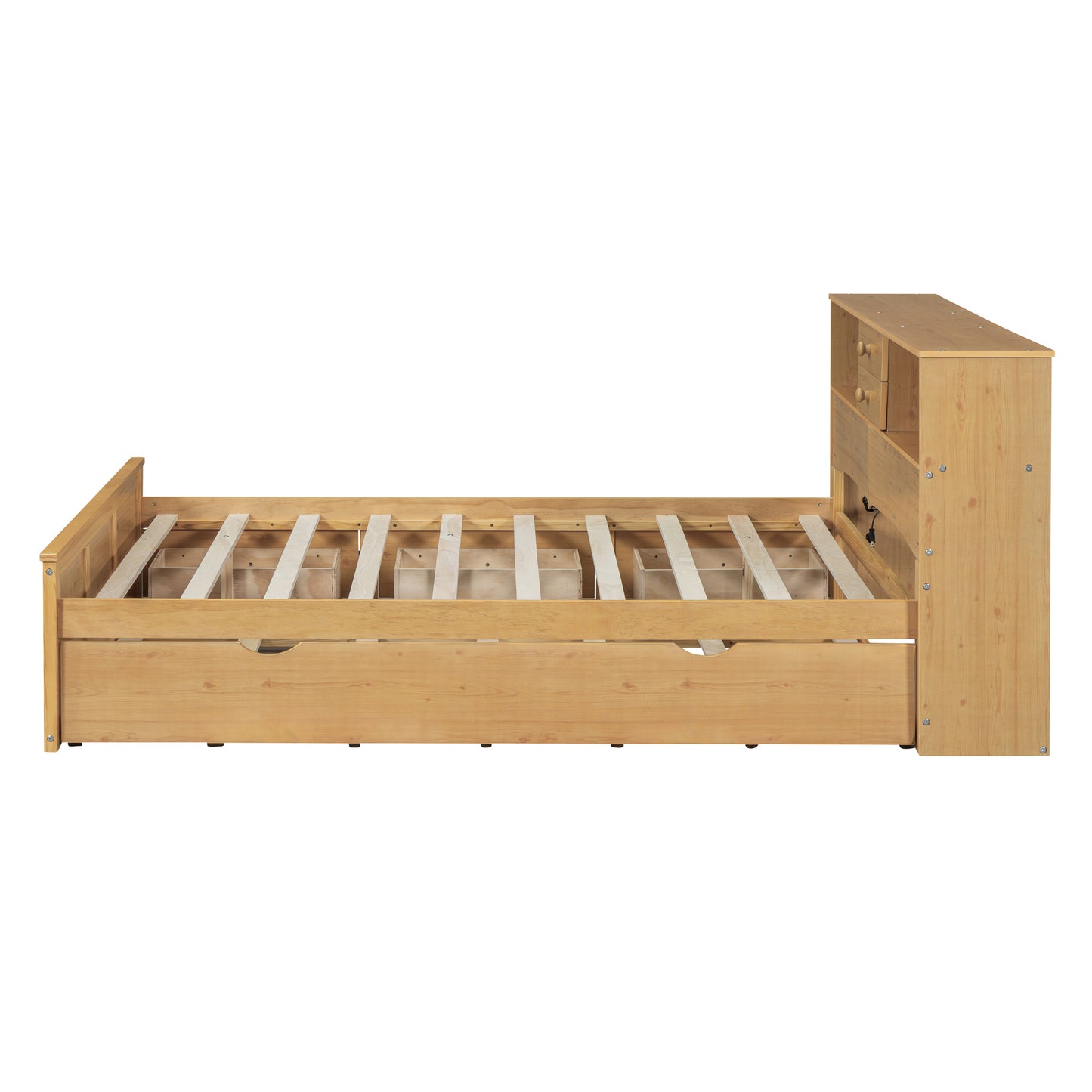 Full Size Wood Pltaform Bed with Twin Size Trundle, 3 Drawers, Upper Shelves and a set of USB Ports & Sockets, Natural