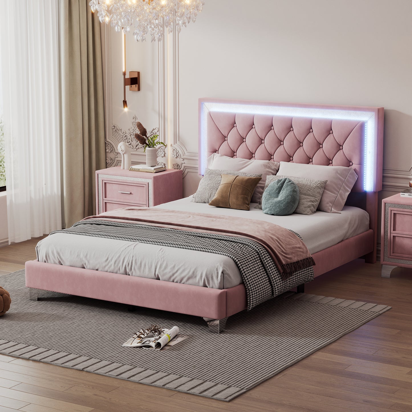 Full Size Upholstered Bed Frame with LED Lights,Modern Velvet Platform Bed with Tufted Headboard,Pink