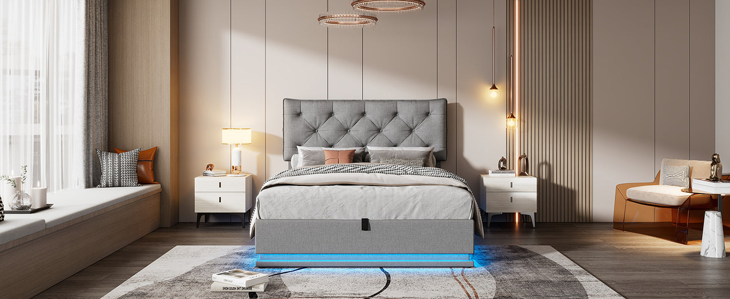 Cama tapizada de tamaño completo con sistema de almacenamiento hidráulico y luz LED, plataforma moderna con cabecera con diseño de botones, gris