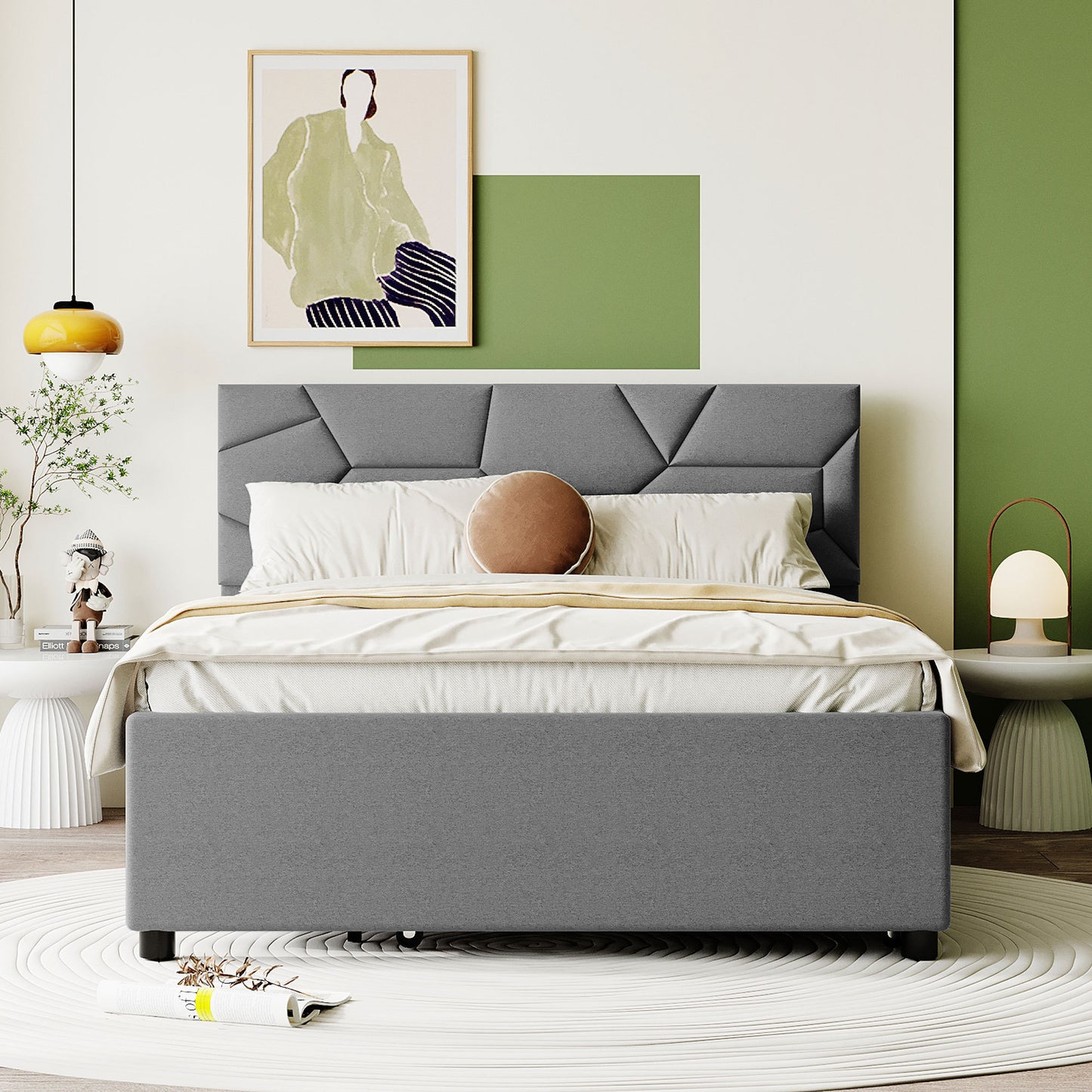 Full Size Upholstered Platform Bed with Brick Pattern Headboard and Twin Size Trundle, Linen Fabric, Gray