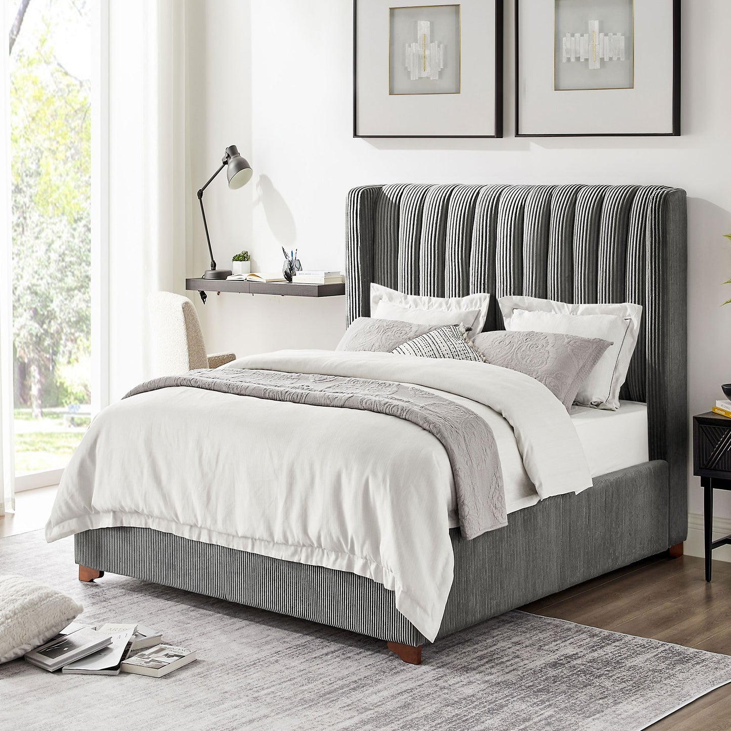 Twin Size Modern Design Bed Frame Upholstered Queen Bed Frame Platform with Headboard Corduroy Headboard Wooden Slats Support, No Box Spring Needed,Mattress Foundation,Dark Grey