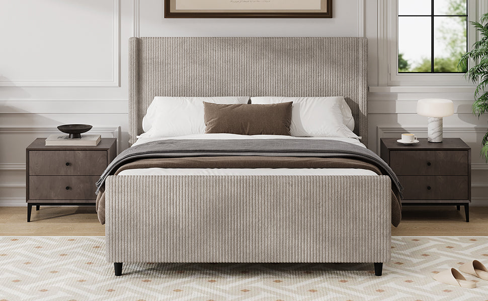 50.7'' High Headboard Corduroy Upholstered Bed Frame with Vertical Stripe Wingback and High Footboard No Box Spring Needed, Queen Size, Taupe