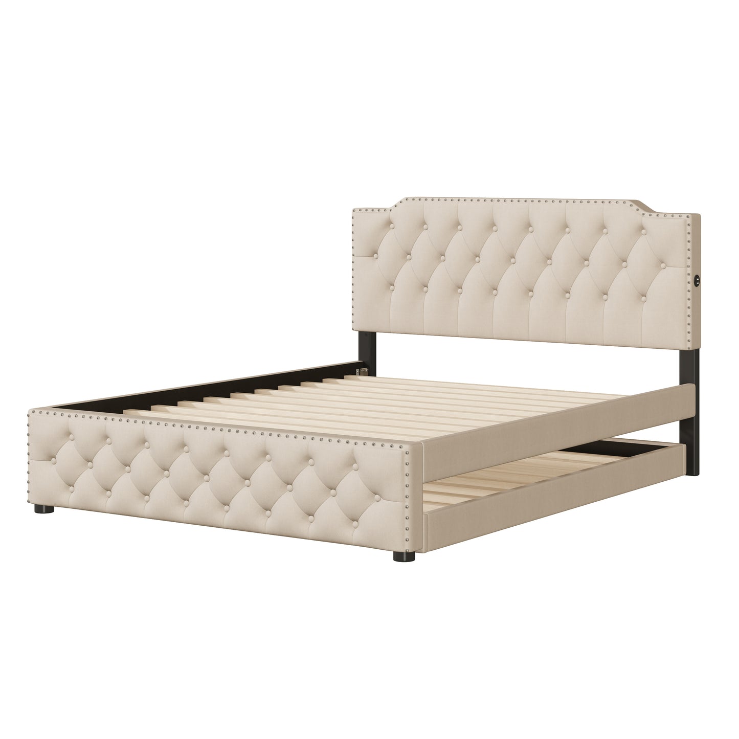 Queen Size Upholstered Platform Bed with Twin Size Trundle and 2 sets of USB Ports on each side, Linen Fabric, Beige