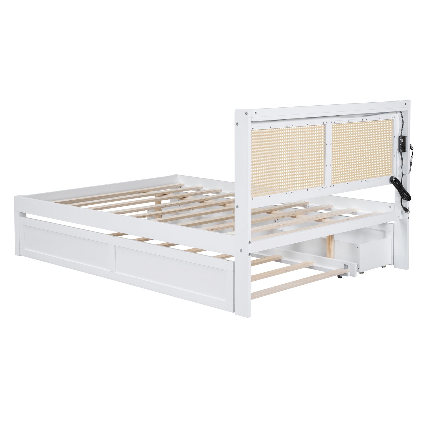 Full Size Elegant Bed Frame with Rattan Headboard and Sockets ,White