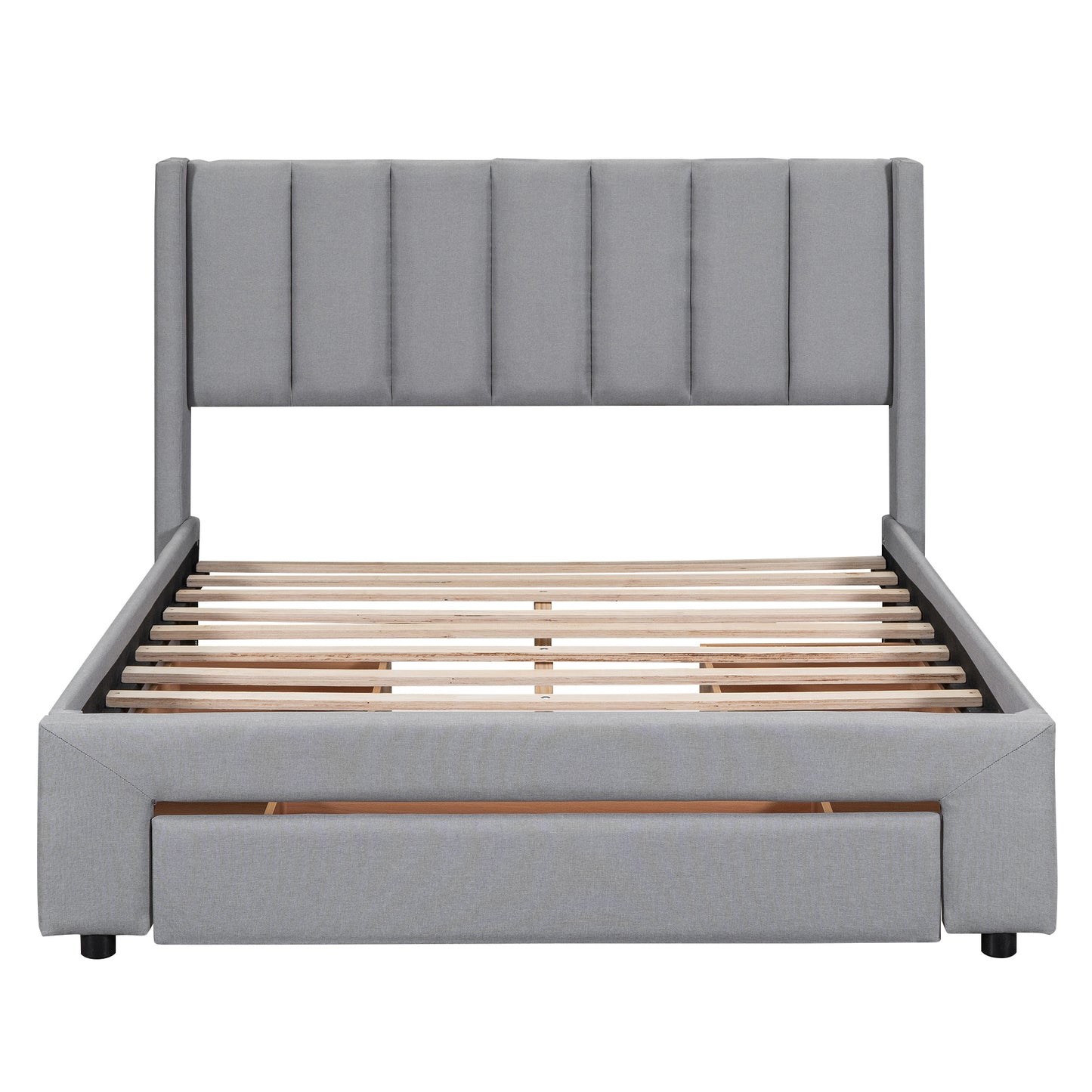 Full Size Upholstered Platform Bed with One Large Drawer in the Footboard and Drawer on Each Side,Gray