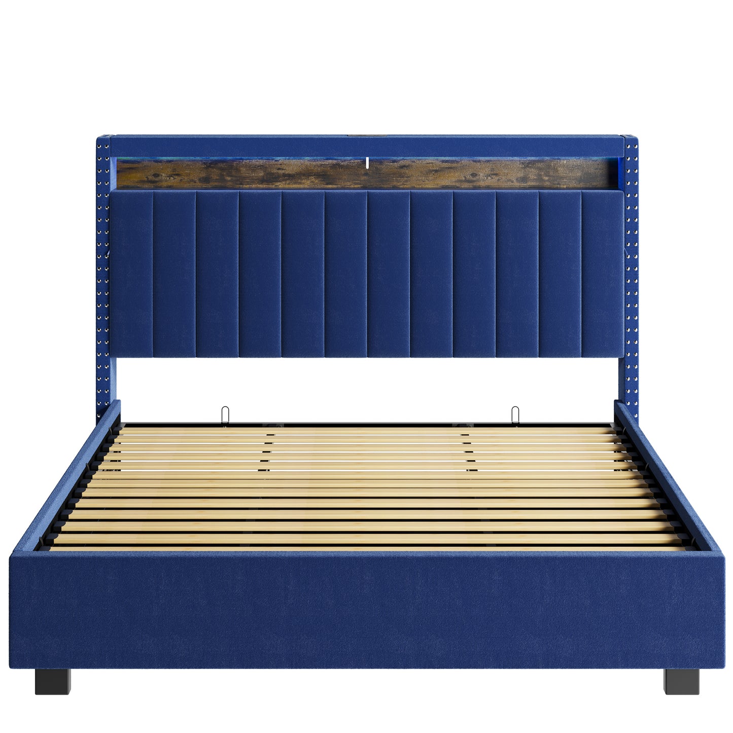 Luxury Gas Lift Storage Bed with RF LED Lights, Storage Headboard ,FULL Size ,Velvet Blue