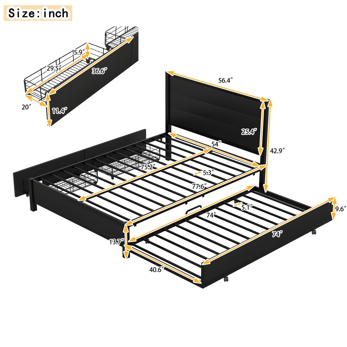 Metal Full Size Storage Platform Bed with Twin Size Trundle and 2 Drawers, Black