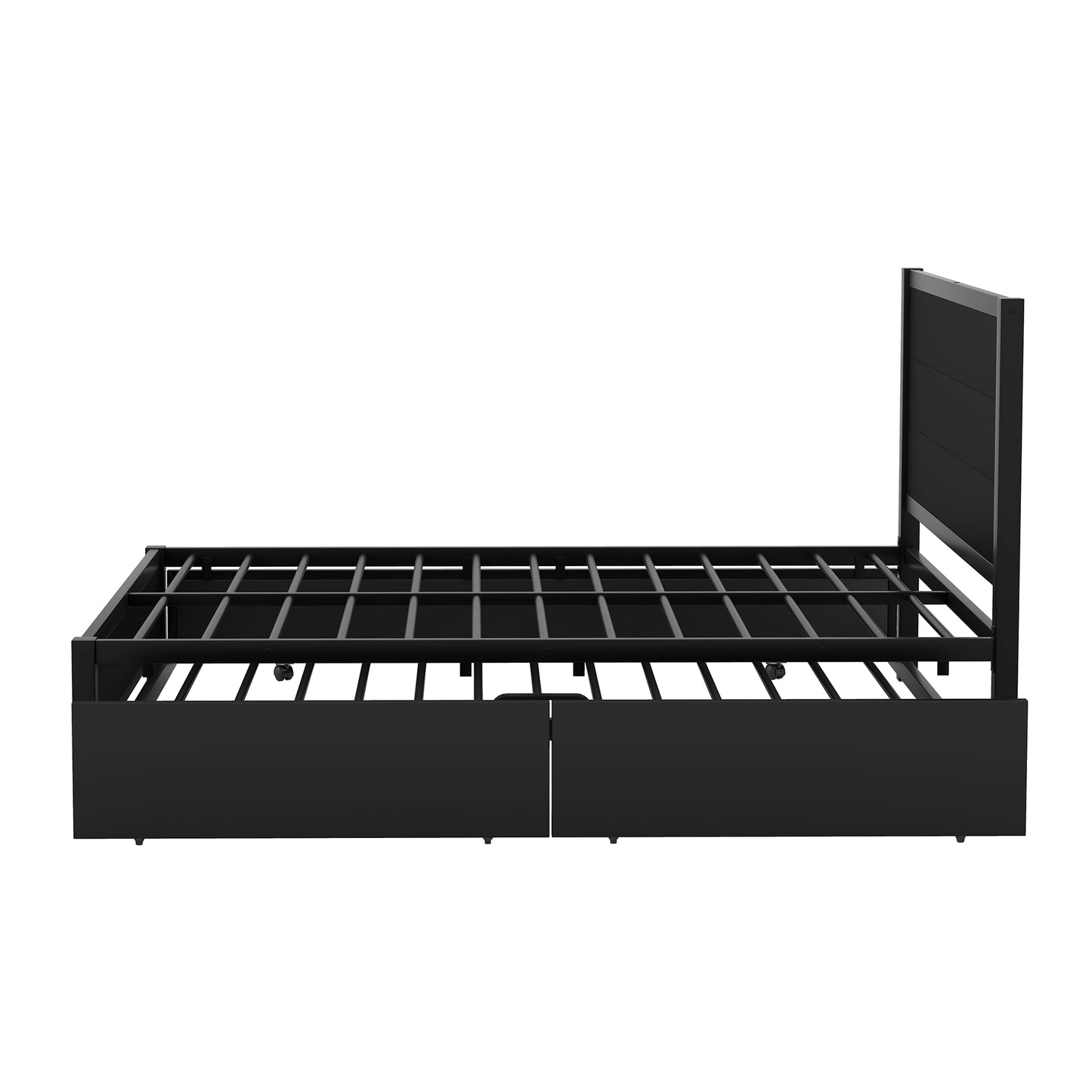 Metal Full Size Storage Platform Bed with Twin Size Trundle and 2 Drawers, Black