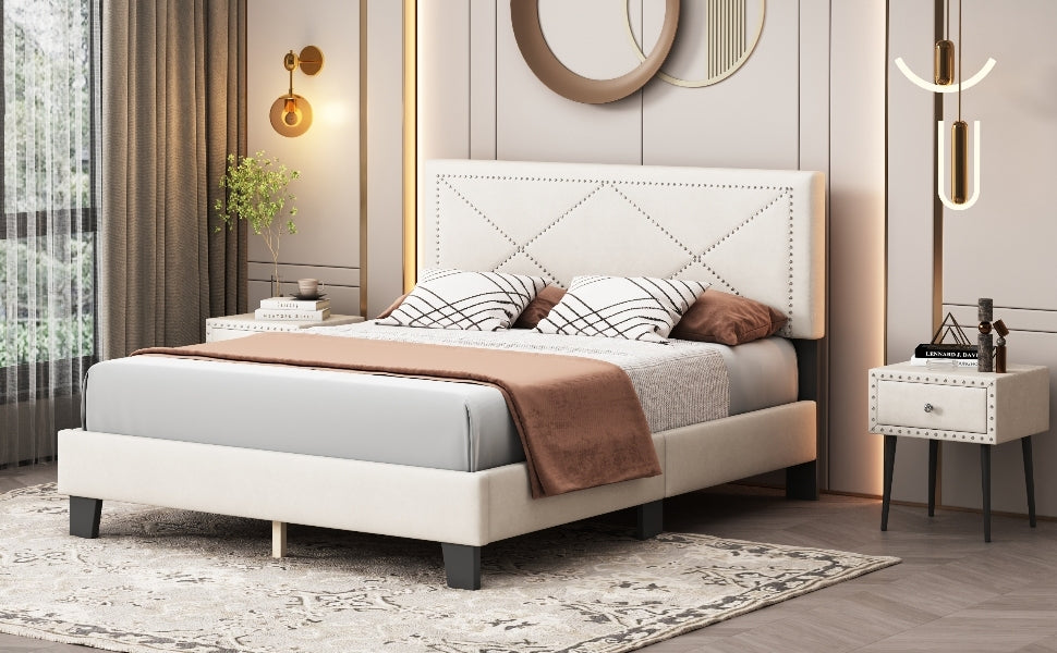 Simple Queen Size Upholstered Bed Frame with Rivet Design, Modern Velvet Platform Bed with headboard, Beige