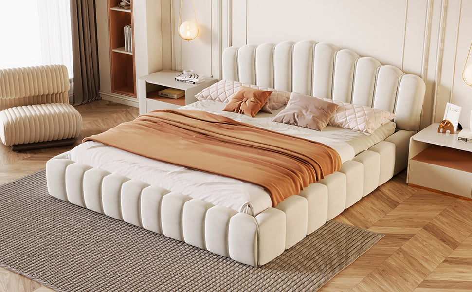 Velvet Upholstered Queen Bed Frame Floor Bed Shell-Shaped Headboard for Bedroom,No Box Spring Needed,Beige