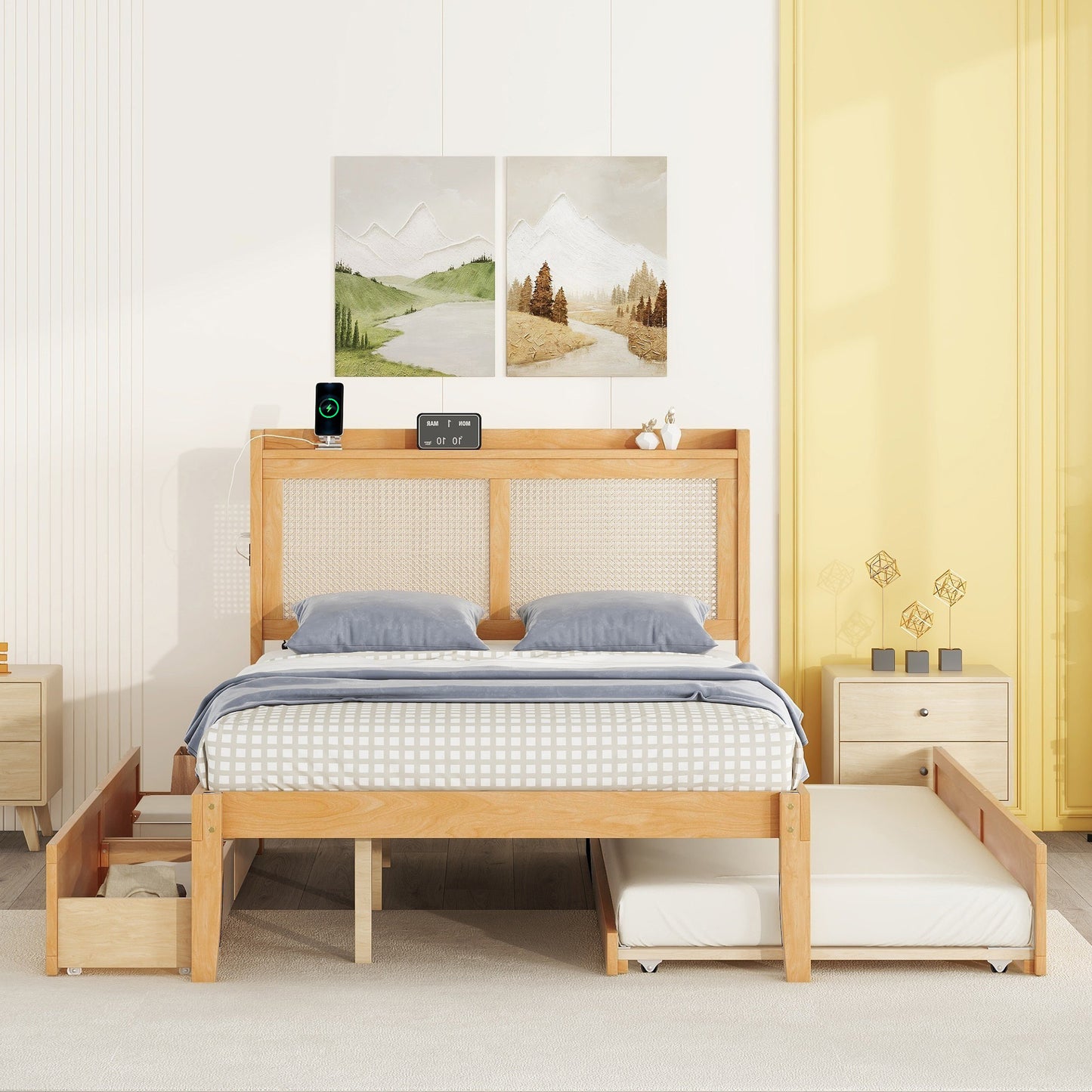 Full Size Elegant Bed Frame with Rattan Headboard and Sockets ,Natural