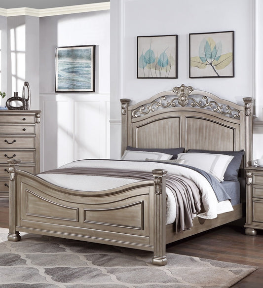 Formal Traditional Antique Silver 1pc Queen Size Bed Unique Design Headboard Footboard Bedframe