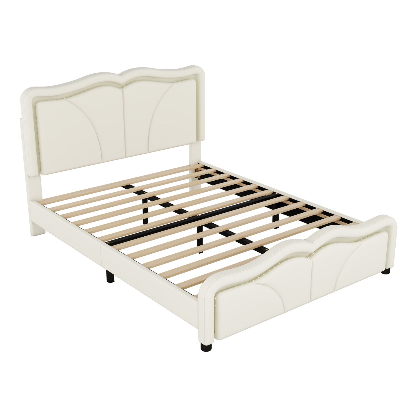 Full Size Upholstered Platform Bed with Curve Shaped and Height-adjustbale Headboard,LED Light Strips,White