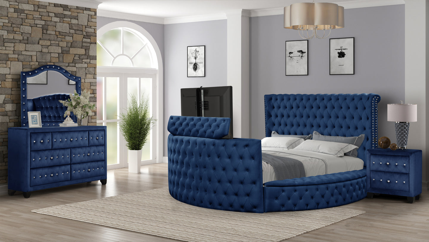 Juego de dormitorio de 4 piezas con estilo moderno con mechones de cristal y madera en color azul